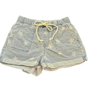 Denim Shorts Star Print Pull On‎ Waistband Cuffed Hem Casual
